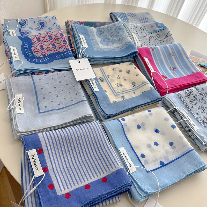

Blue Polka Dot Striped Linen Cotton Blend Scarf for Women Summer 58cm Square Bandana Neck Scarf Breathable Head Wrap Accessory