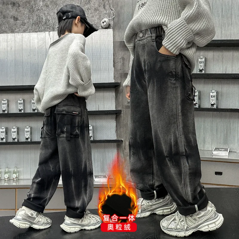 

Джинсы на флисовой подкладке для мальчиков, толстые теплые прямые джинсовые брюки, модная брендовая осенне-зимняя детская одежда для подростков