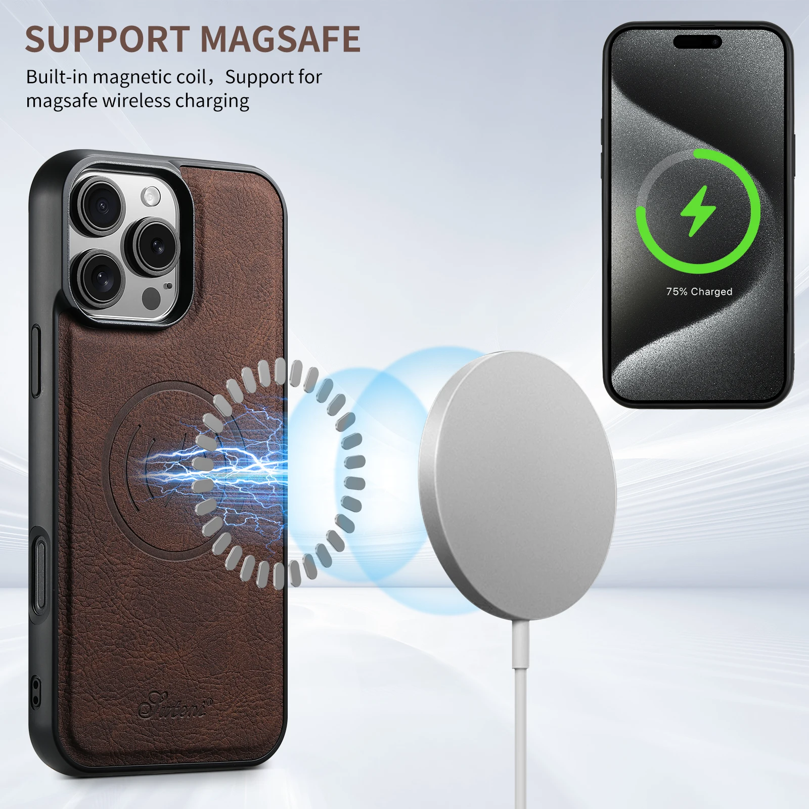 SUTENI Luxury PU Leather Phone Case Magnet Wireless Charging Frosted Feel For iPhone 16 Pro Max 15 Plus 14 13 12