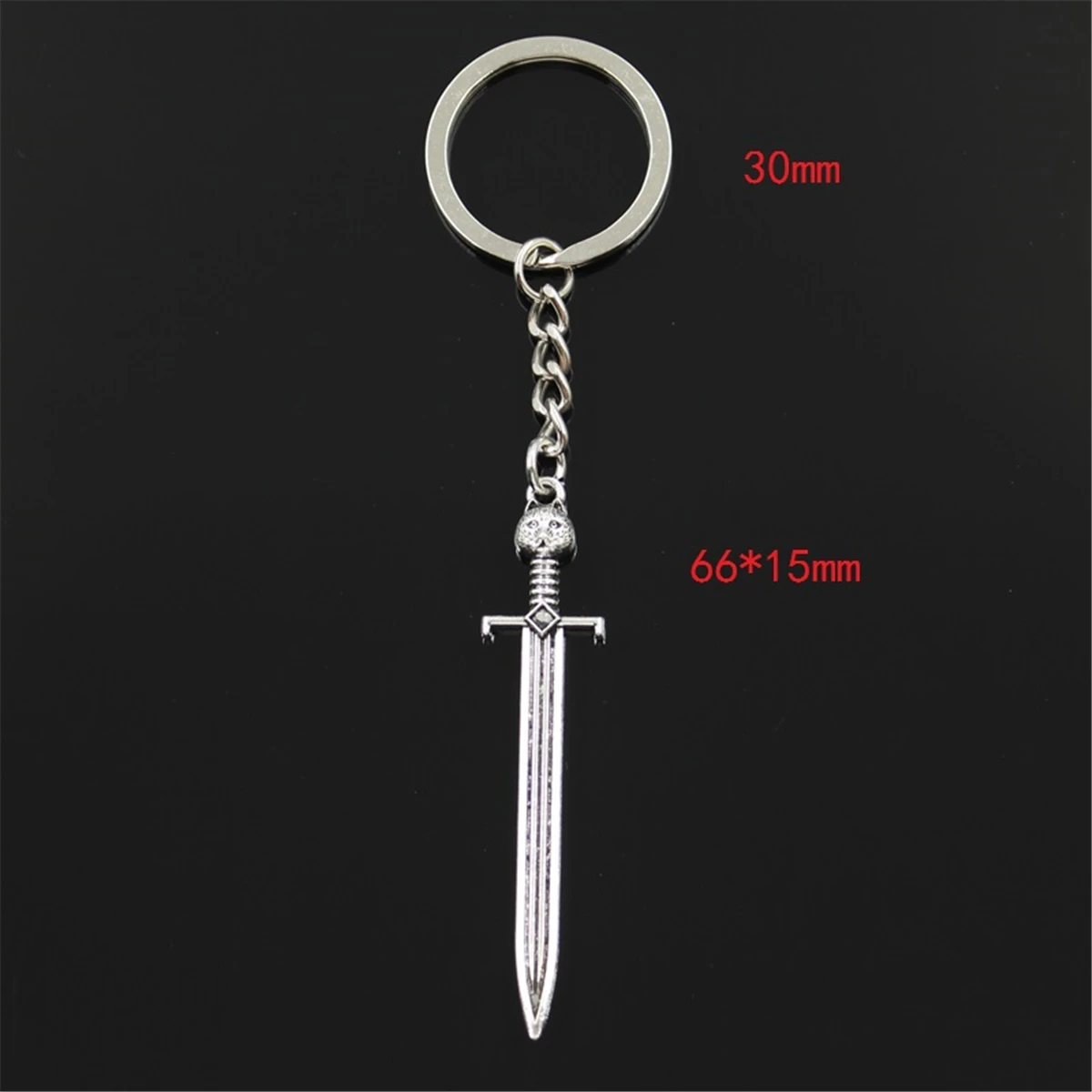 New Fashion Men 30mm Car Keychain DIY Metal Holder Chain Vintage Sword Cat 66x15mm Silver Color Pendant Gift