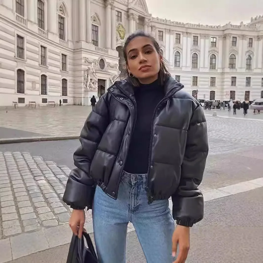 

Женское облегающее кожаное хлопковое пальто с воротником-стойкой и одной пуговицей, новое зимнее модное женское хлопковое пальто