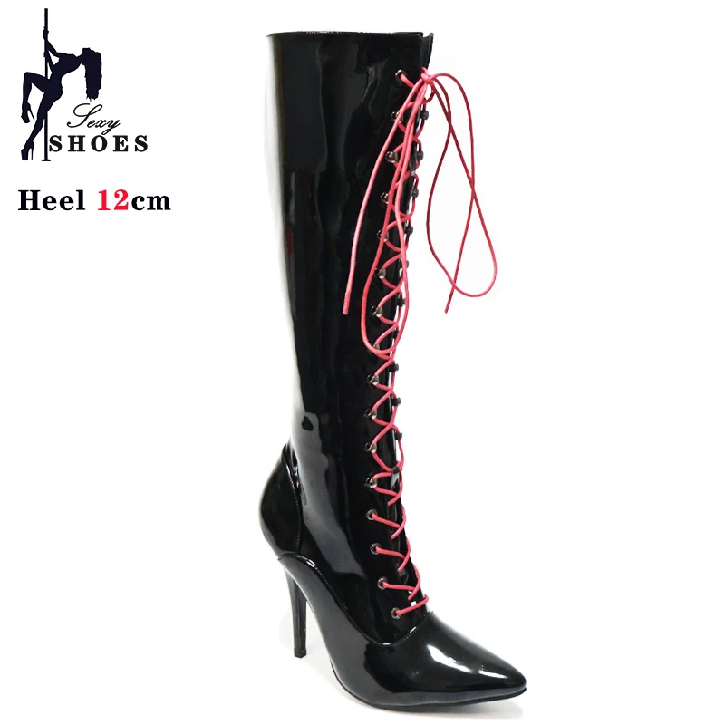 12CM Mid-Calf Boots Sexy Fetish Stiletto Heel Vintage Boots Knee High Lace-up Pointed toe Shoes Size 46 In Stock Fast Shipping