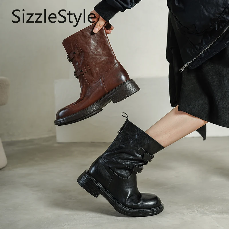 

Stylish Genuine Leather Simple Belt Buckle Slip-on Thick Sole Comfortable Chunky Heel Women's Mid-calf Boots