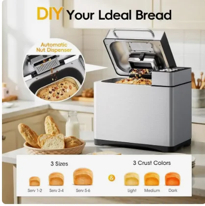 Store2LB 19-in-1 Bread Machine With Fruit And Nut Dispenser, Stainless Steel, Nonstick Pan For Home Bakers