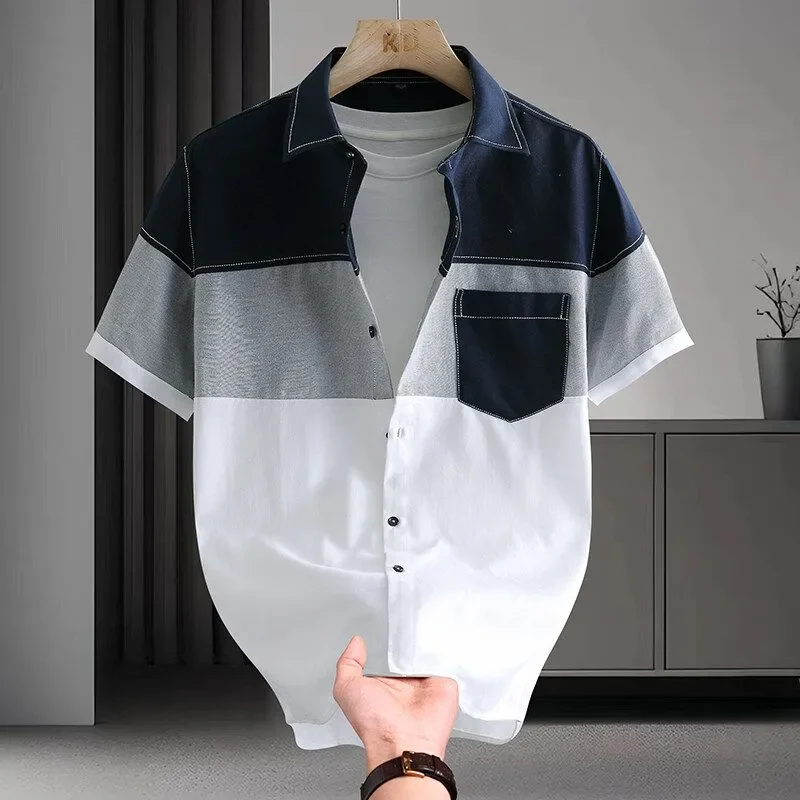 

New Style of Splicing and Contrasting Color Design Versatile Trendy Casual Summer Men's Short-sleeved Shirt