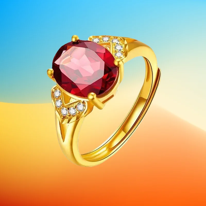 

Gift AU999 Pure Gold Women's Ring with Natural Red Garnet Inlay, Adjustable Open - type Jewelry