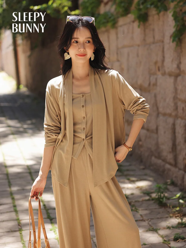

Women Summer 3 Piece Set Relaxed Fit Sun Protection Jacket Sleeveless Top Wide Leg Pants Casual Retro Style Outfit Daily Wear