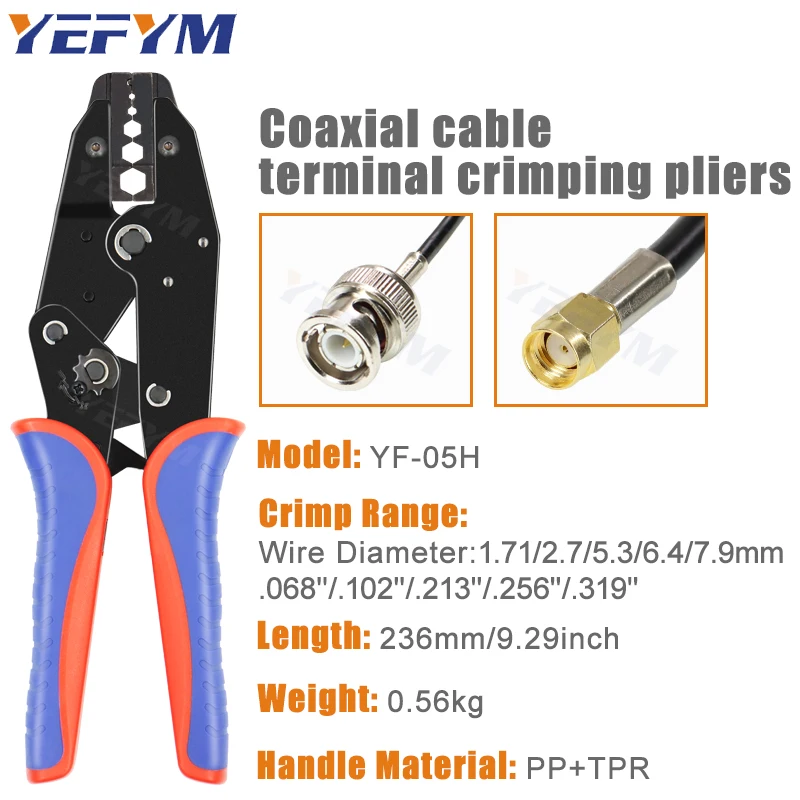 Coaxial Cable Crimping Pliers YF-05H Kit For SMA/BNC RG58, 59, 62, 174,8, 11, 188, 233 and Crimper Cutter Stripper Tools