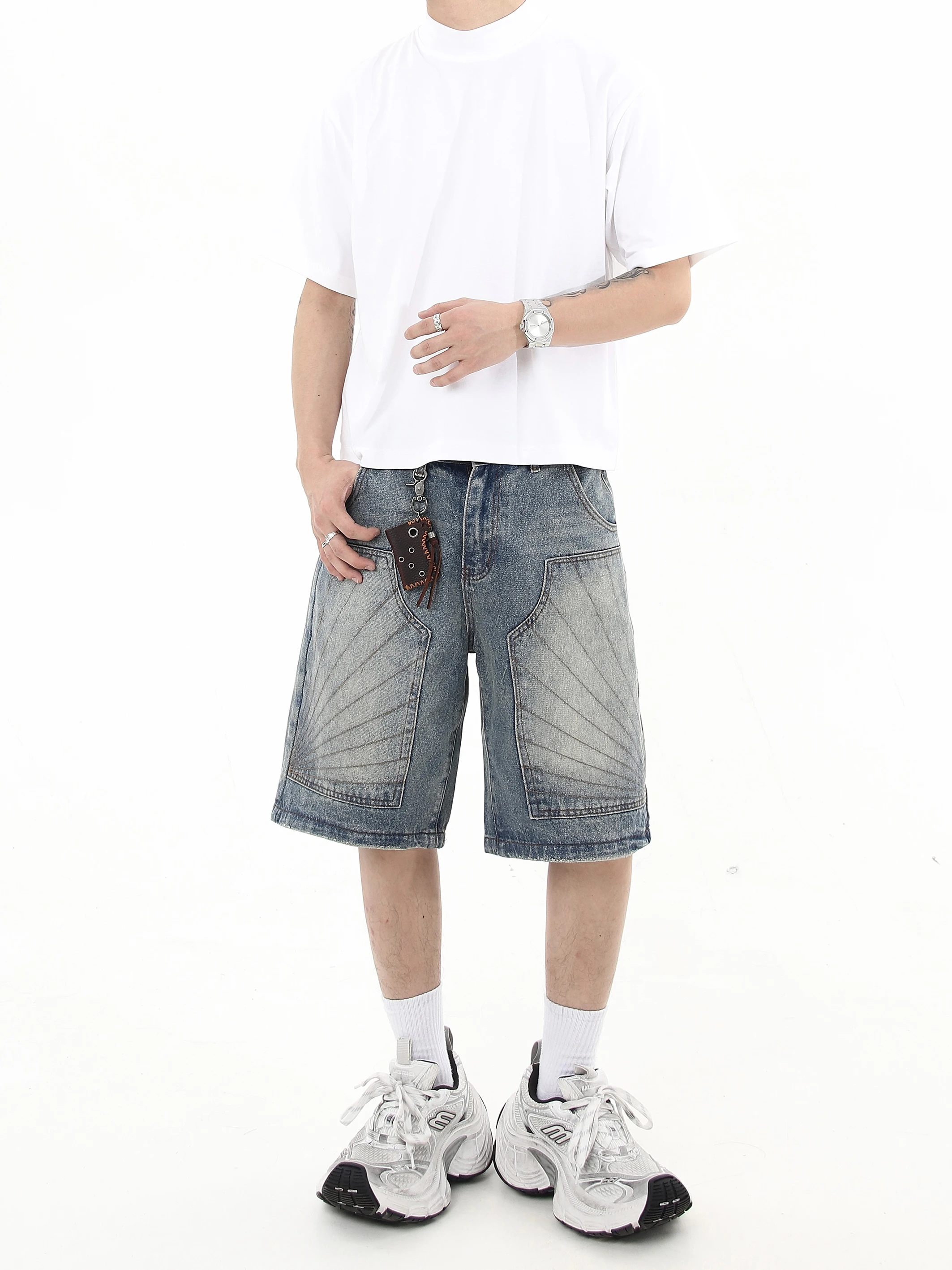 Washed Distressed Embroidered Denim Shorts Hip Hop Jorts