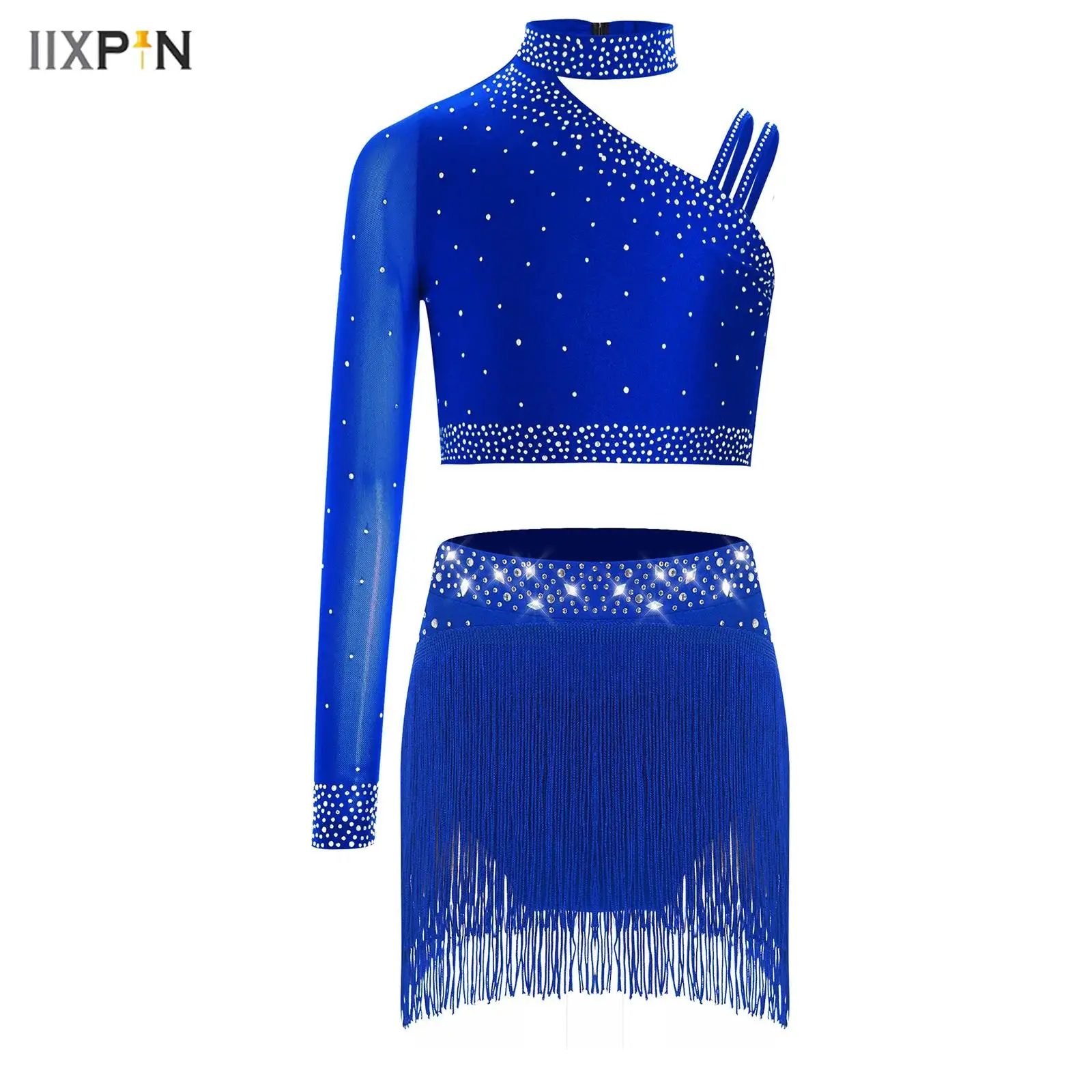 

2Pcs Kids Girls Latin Tango Jazz Dance Costume Unique Irregular Shoulder Shiny Rhinestones Crop Top with Fringe Skirt Bottoms