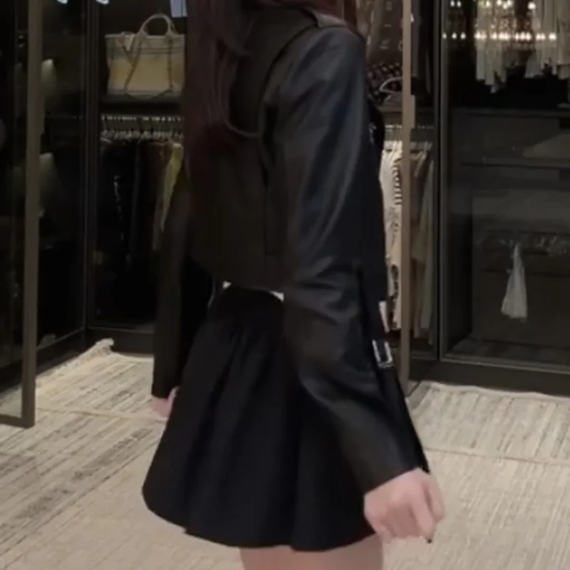 Chen Mrs. Jaet de cintura alta de piel auténtica para mujer, traje de motociclista con cuello, abrigo largo con cierre de cremallera, primavera y otoño