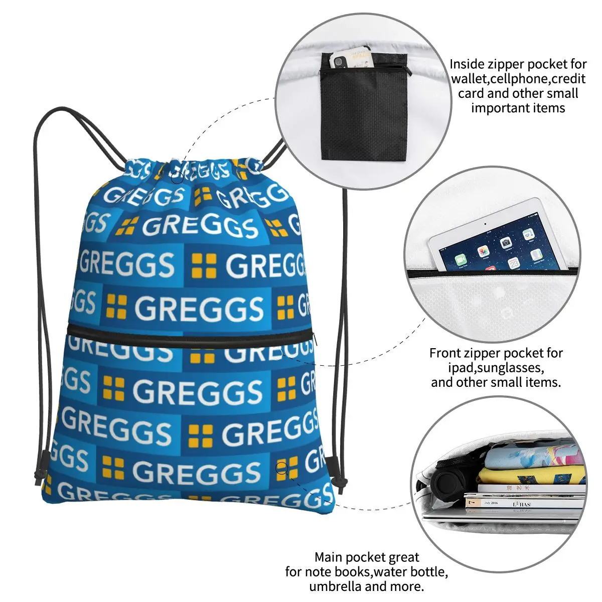 Greggs Logo Mochilas portáteis, Drawstring Bag, Casual Bundle, Sapatos de bolso, Estudantes, Tendência