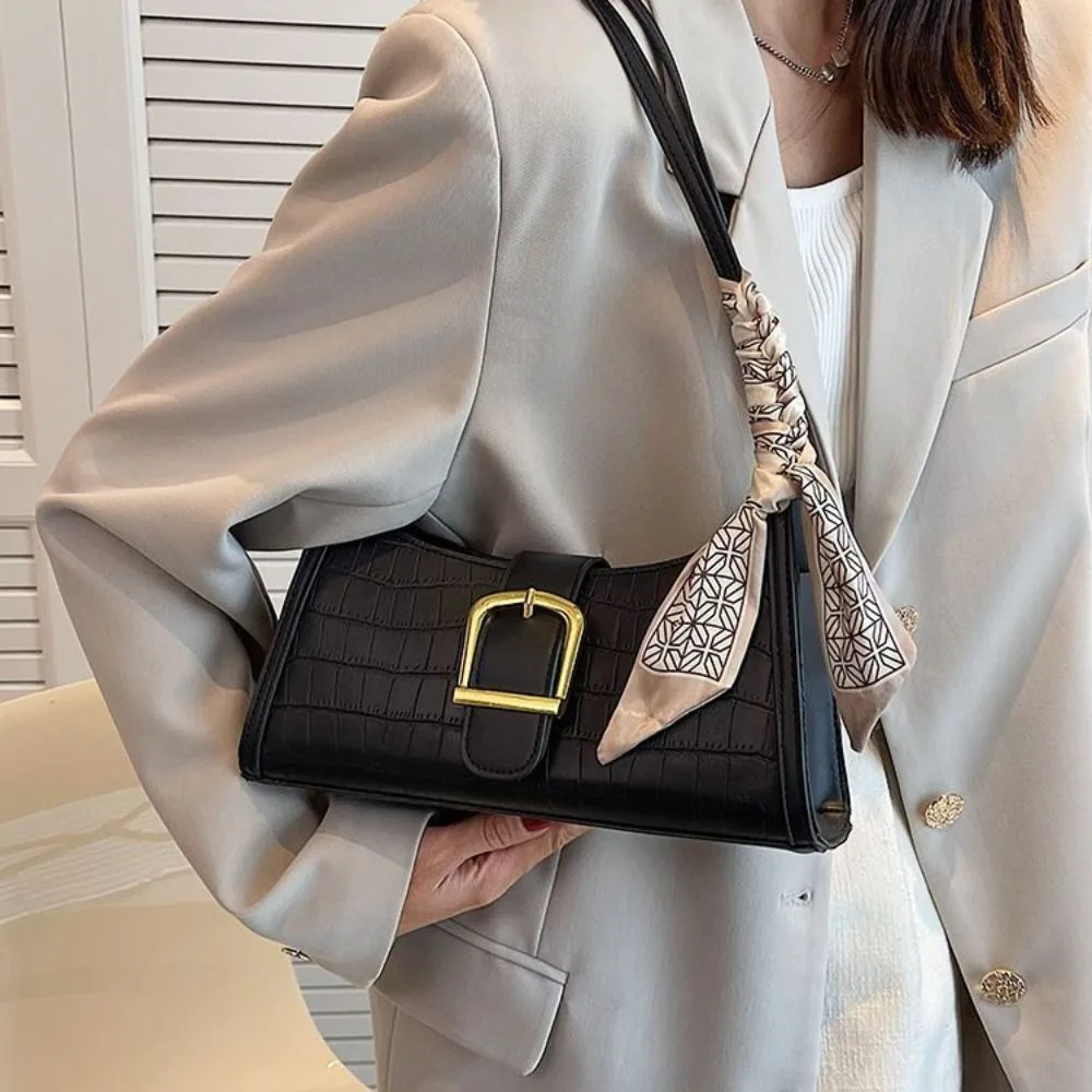 

Vintage French Stick Bag Large Capacity with Scarf PU Leather Shoulder Bag French Style Handbag Rectangle Armpit Bag