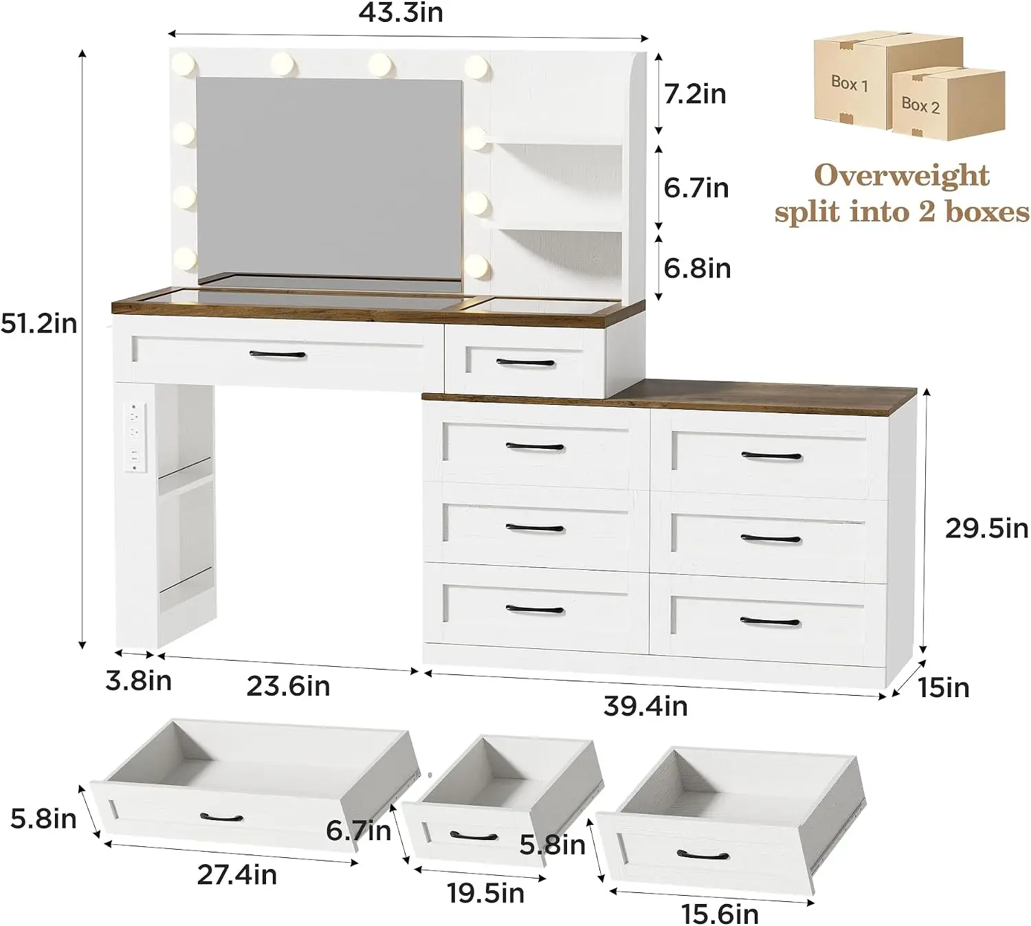 Farmhouse Makeup Vanity Desk, Vanity 6-Drawer Dresser Combo, Antique White | Large Make Up Dressing Table, with Mirror
