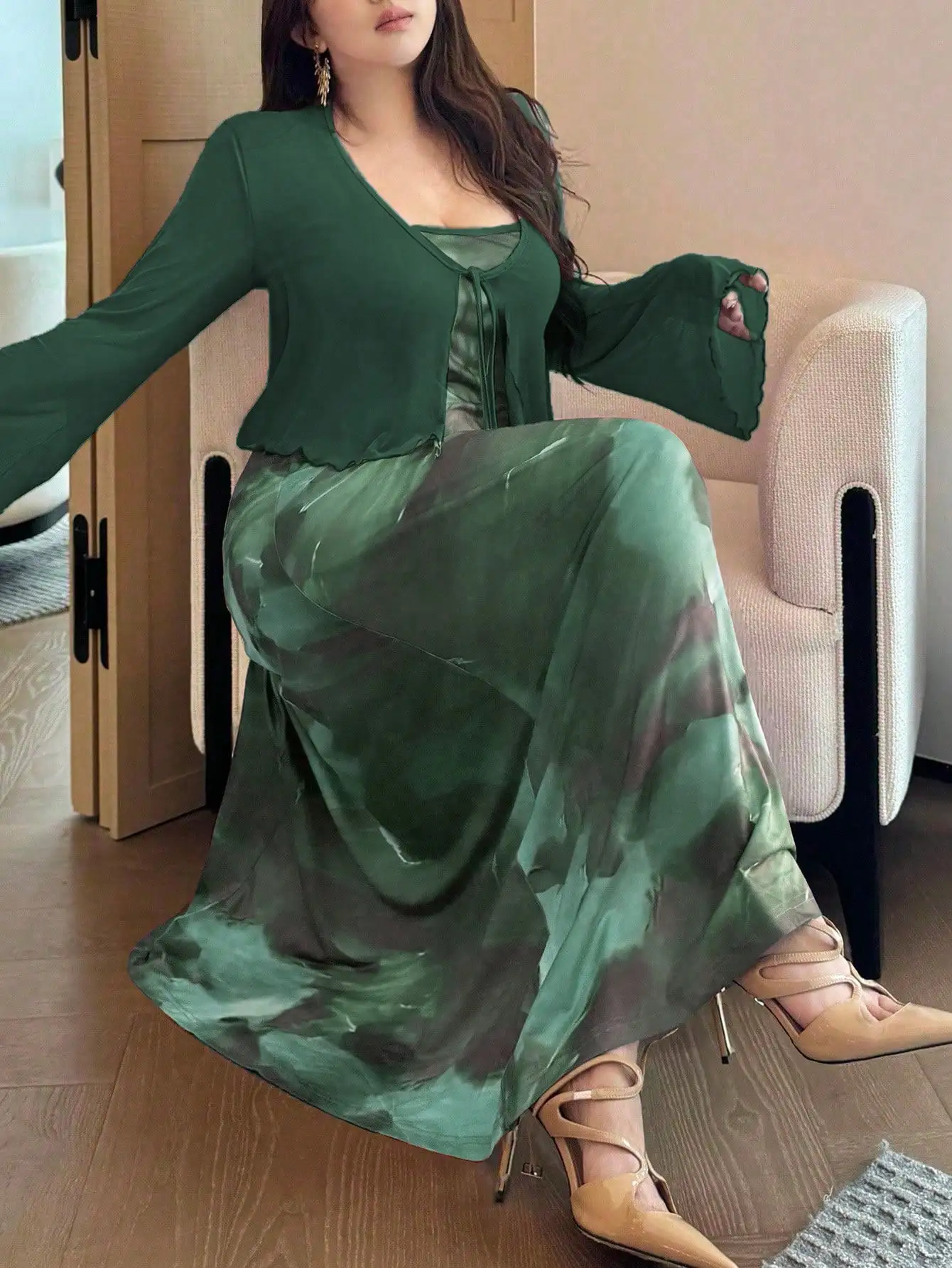 

Plus Size Tie-Dye Slip Dress And Flare Sleeve Cardigan Set Elegant Resort Style Spring Summer Autumn