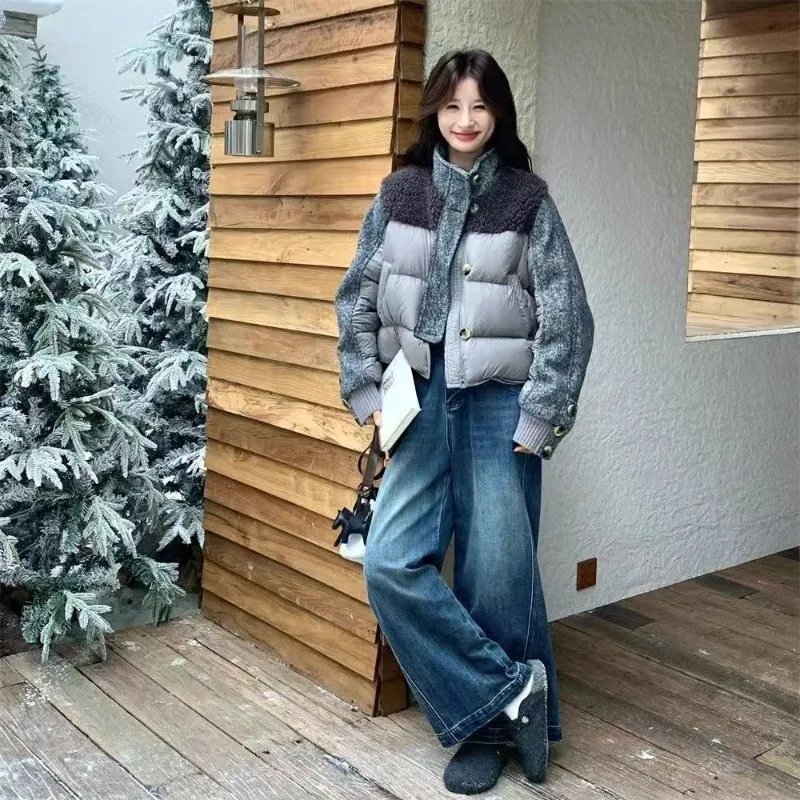 Women Cropped Puffer Jacket Solid Stand Collar Button Front Mixed Media Shearling Tweed Panel Large Quilted Ribbed Cuffs