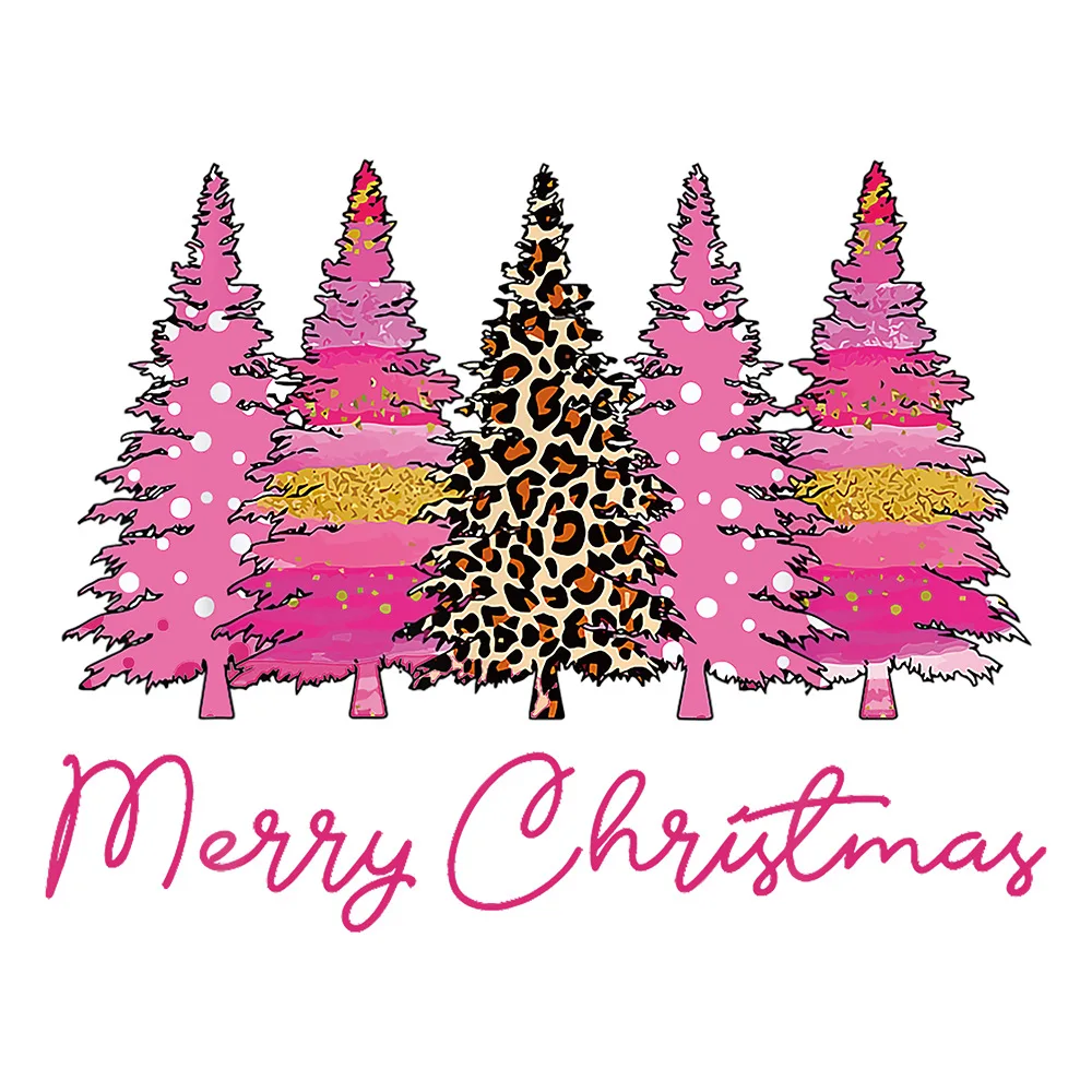 4 types Pink Christmas Pattern Christmas Tree DTF Thermo Sticker Decals Heat Transfer Clothes Clothing Crafts Diy Accessory