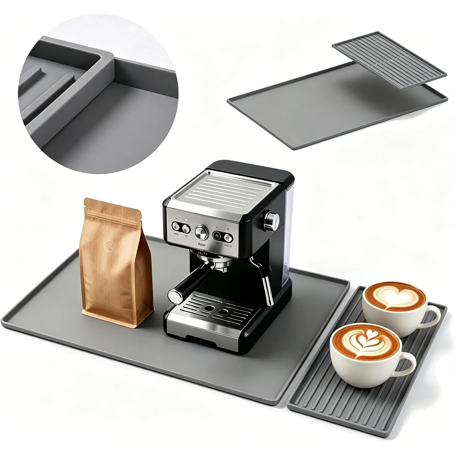 

24x16 Silicone Coffee Mat with Raised Edges & Detachable Dish Drying Mat, Spill Proof Kitchen Counter Mat for Coffee Machine