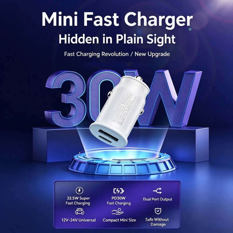 30W Fast Car Charger, Equipped with One 30W USB-C to USB-C Cable and One USB-A to USB-C Cable. 12V-24V universal Cigarette Lighter Charger, Compatible with iPhone, Samsung, Xiaomi and More Devices.