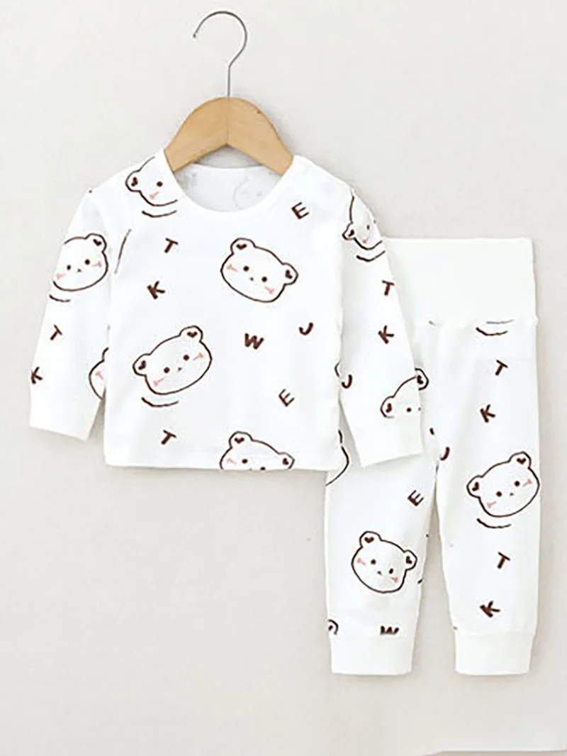 Fall Baby Kid\'s Pajamas Suit 0-4 Y Girls Cartoon Printed Homewear 2Pcs Infant Boys High Waist Belly Protection Sleep Clothes