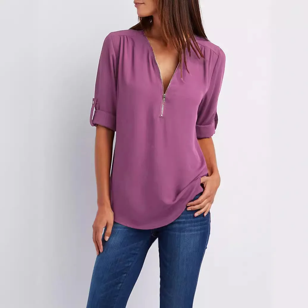 2024 Quality HotSale Plus Size Deep V Neck Women Blouse Chiffon Cool Loose Shirt Fashion Casual Ladies Tops Sexy Zipper Pullover