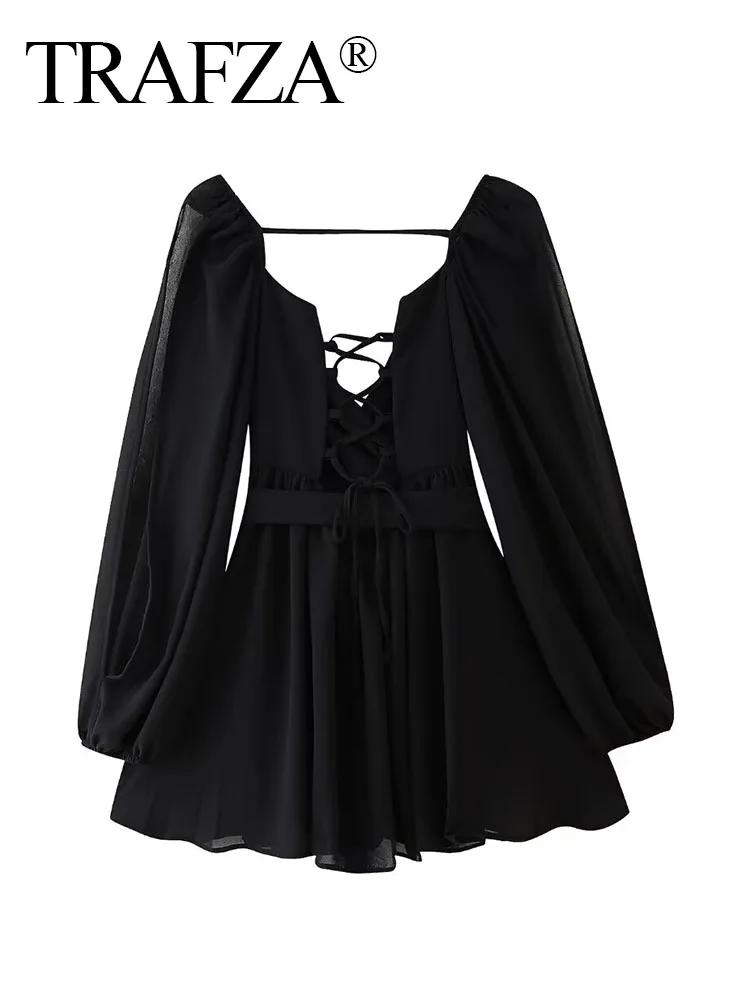 TRAFZA Women Summer Elegant Chiffon Cut Out Hollow Bow Lace Up Mini Dress Woman Chic Long Sleeve  Beach Vacation Dresses Mujer