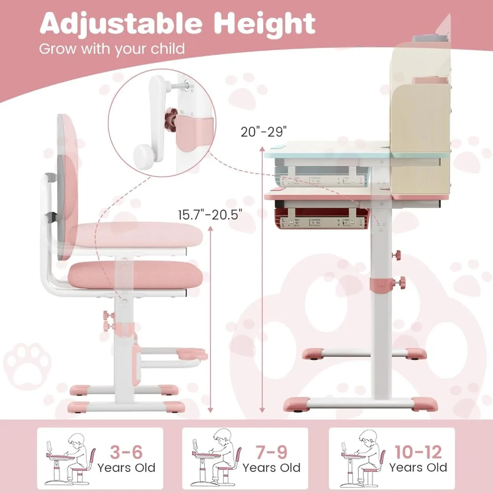 Kids Desk and Chair Set, Height Adjustable Children School Study Table and Chair Set w/Tilt Desktop, Drawer Hutch, Pen Holder