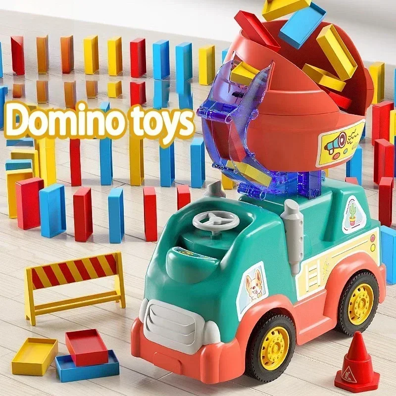 Educazione precoce bambini giocattoli creativi fai da te progetto domino elettrico mixer camion licenza automatica giocattoli con 102 domino per bambini