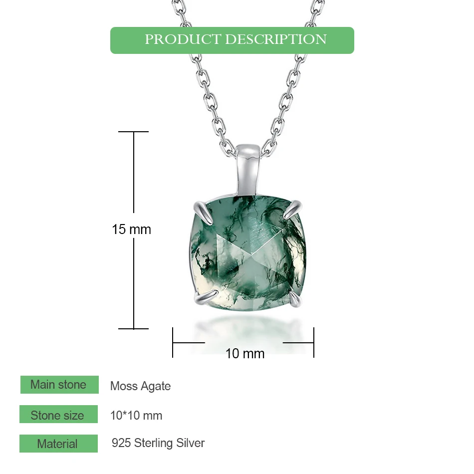 WES Simple Claw Setting Natural 10*10mm Moss Agate Pendant Necklace for Woman Rhodium Plated Engagement Gifts Fine Jewelry