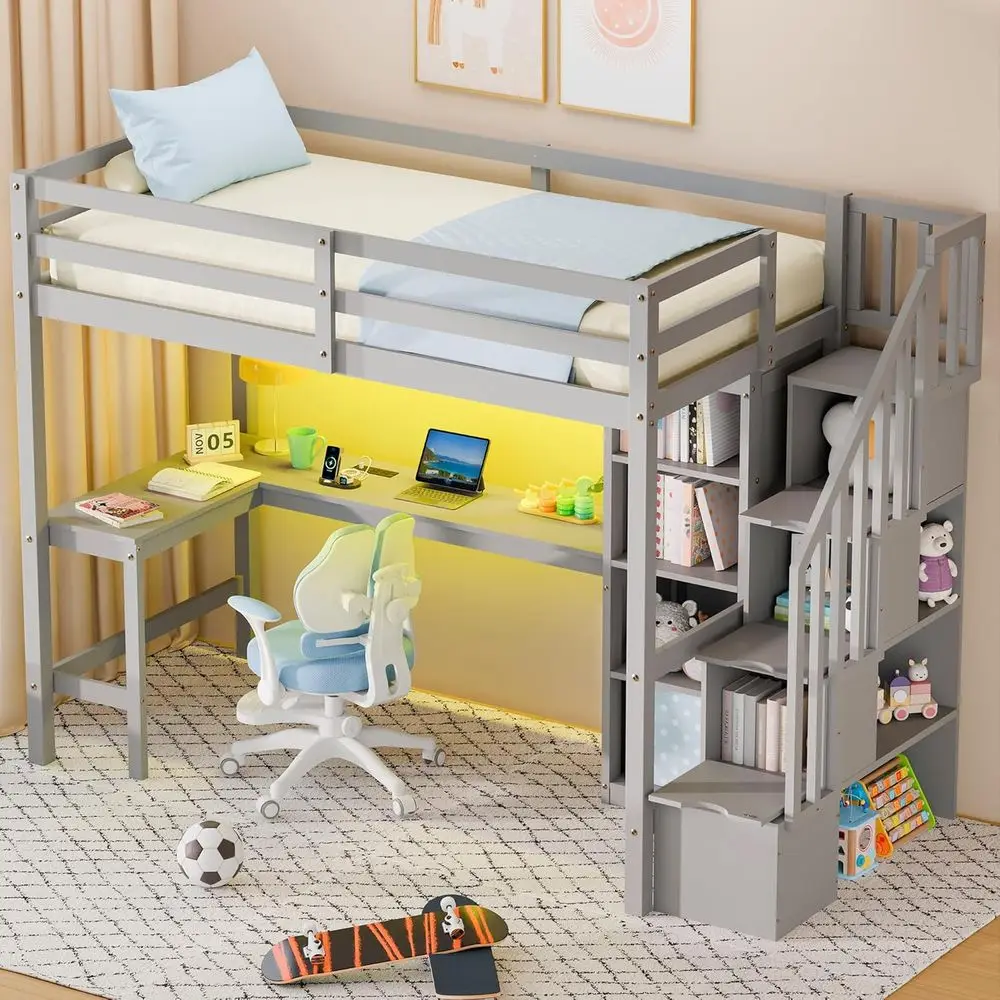 

Twin Staircase Loft Bed with Desk, Solid Wood, L-Shape Workstation, LED Lights, Charging Port, Storage Cabinet, High Safety Rail