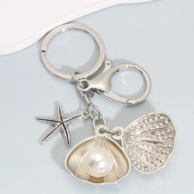 Fashion Pearl Starfish Shell Alloy Keychain Silver Color Sea Key Chains For Making Handmade DIY Jewelry Accessories Findings