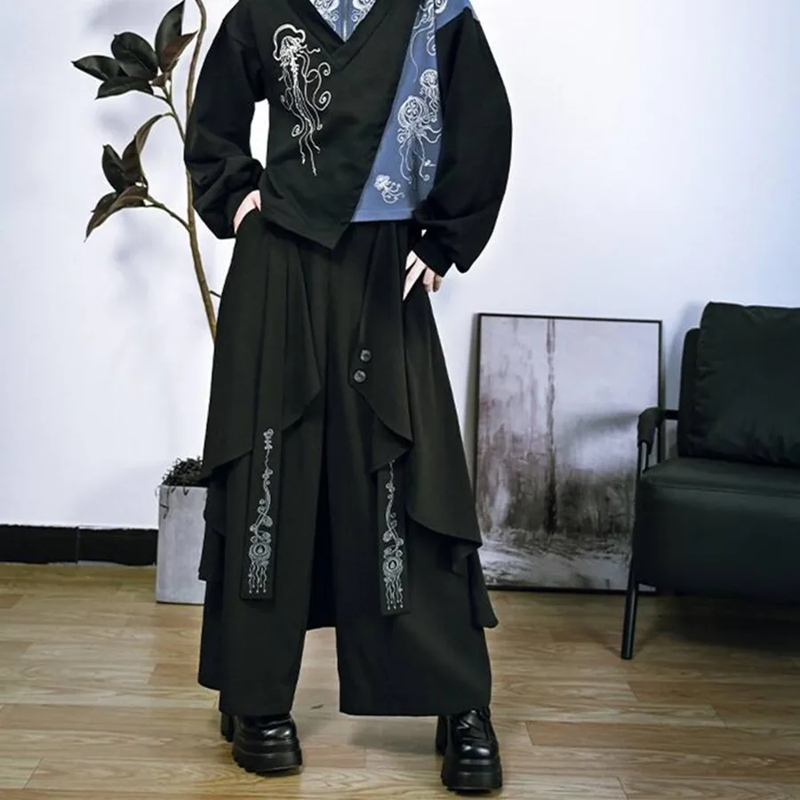 New Chinese Style Retro Layered Irregular Splicing Fake Two-piece Wide-leg Culottes Loose Couple Culottes Men's Style