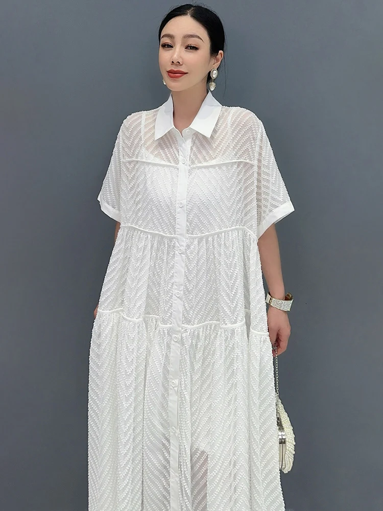 SHENGPALAE 2024 Summer New Women\'s Dress Short Sleeved Small Flap Collar Large Swing Elastic Waist Fashion Female Dresses 5C1261