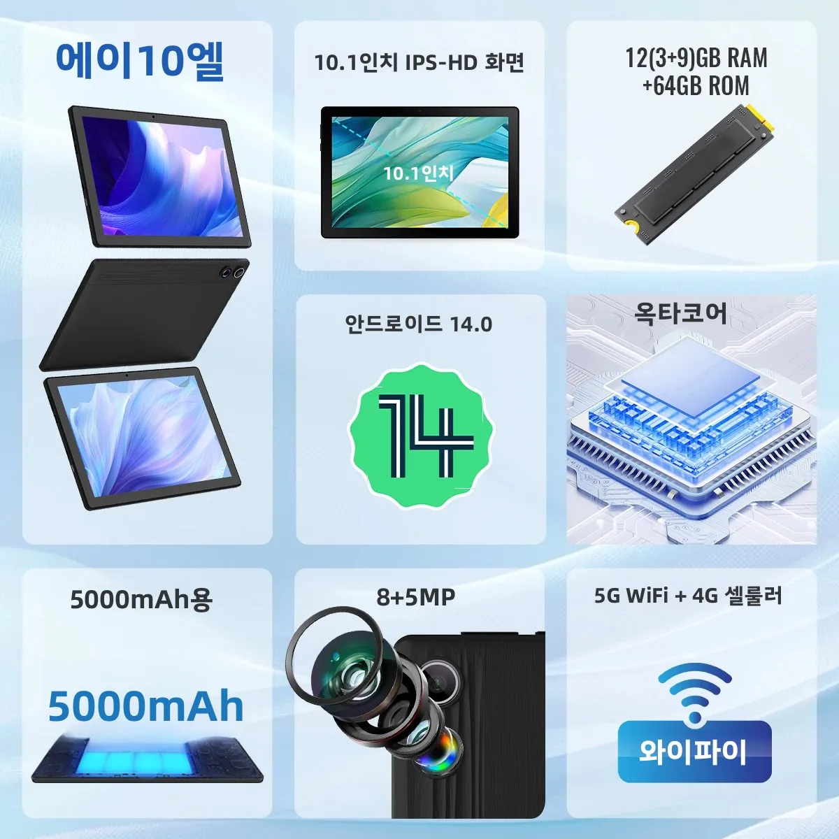 우라오 안드로이드 14 태블릿 10인치 12GB 램 64GB 롬 확장 가능 1TB 와이드바인 L1 5000mAh 스타일러스 키보드 마우스 헤드폰 케이스 세트