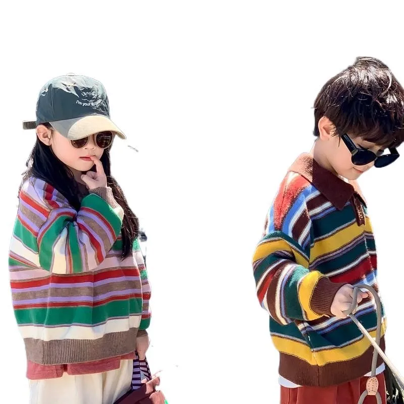 RAISE Spring 2026 Children Boys 2PCS Clothes Set Striped Knitted Turn Down Collar Sweater Loose Cotton Pants Babys Boys Outfits