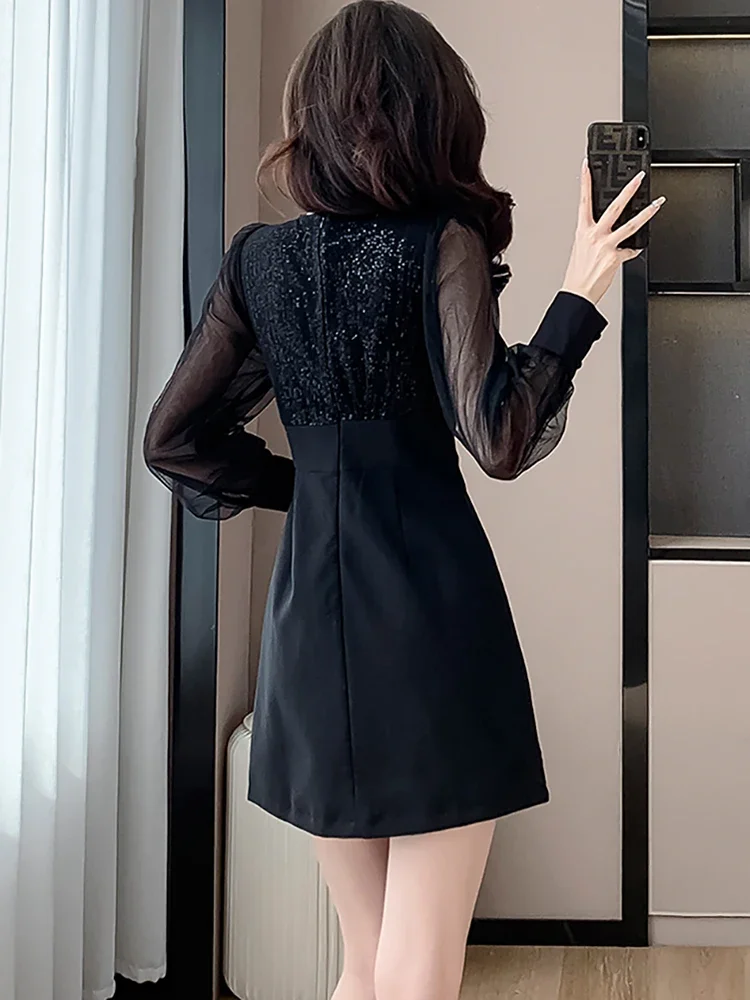 Koreańska Sukienka Vintage Elegancka Codzienna Moda 2025 Szyk Festiwalowe Vestidos Wiosenna Czarna Patchworkowa Siateczkowa Prześwitująca Seksowna Mini Sukienka Damska