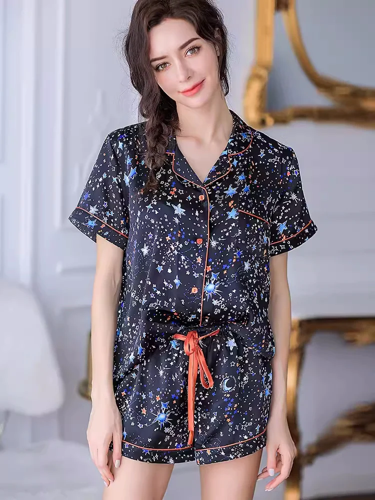 

Women Mulberry Silk Pajamas Set Two-piece Pj Sets Sleepwear Loungewear Button-Down Short Pajama Luxury Print Sleepwear Pijama