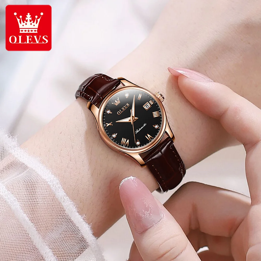 OLEVS Brand fully automatic mechanical watch women\'s simple leather strap calendar 9932