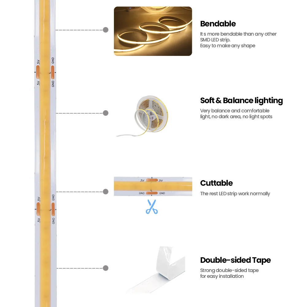 DC 5V USB COB LED Strip Light สีขาว/สีแดง/สีเขียว/สีชมพู/น้ําแข็งสีฟ้า/สีเหลือง 320 LEDs ริบบิ้นโคมไฟกลางคืน TV Backlights Home Decor