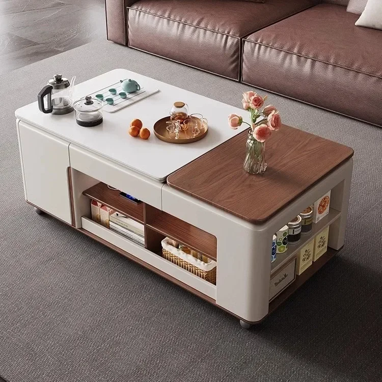 Light luxury lifting Kung Fu rock slab tea table multi-functional household living room movable tea table