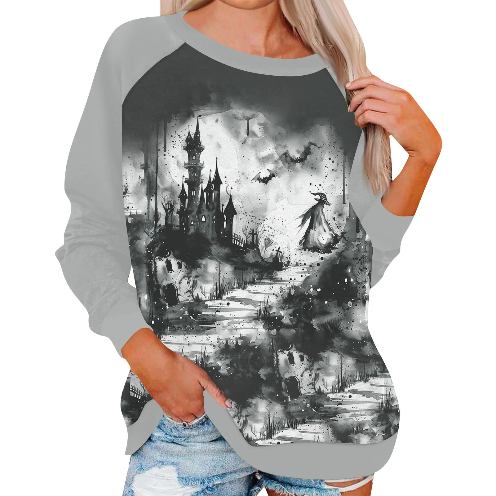 

Women'S Raglan Sleeve Pullovers Daily Basic Regular Round Neck Long Sleeve Halloween Print Sweatshirt Tops Casual Loose Tops