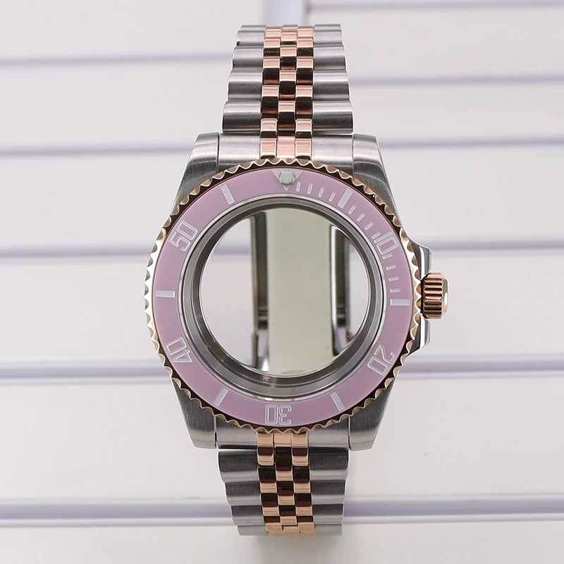 40mm Ms. Watch Case 5-link bracelet Pink bezel Sapphire Glass For Seiko Nh35 Nh34/36/38 Eta 2824 Miyota8215 Movement 28.5mm Dial