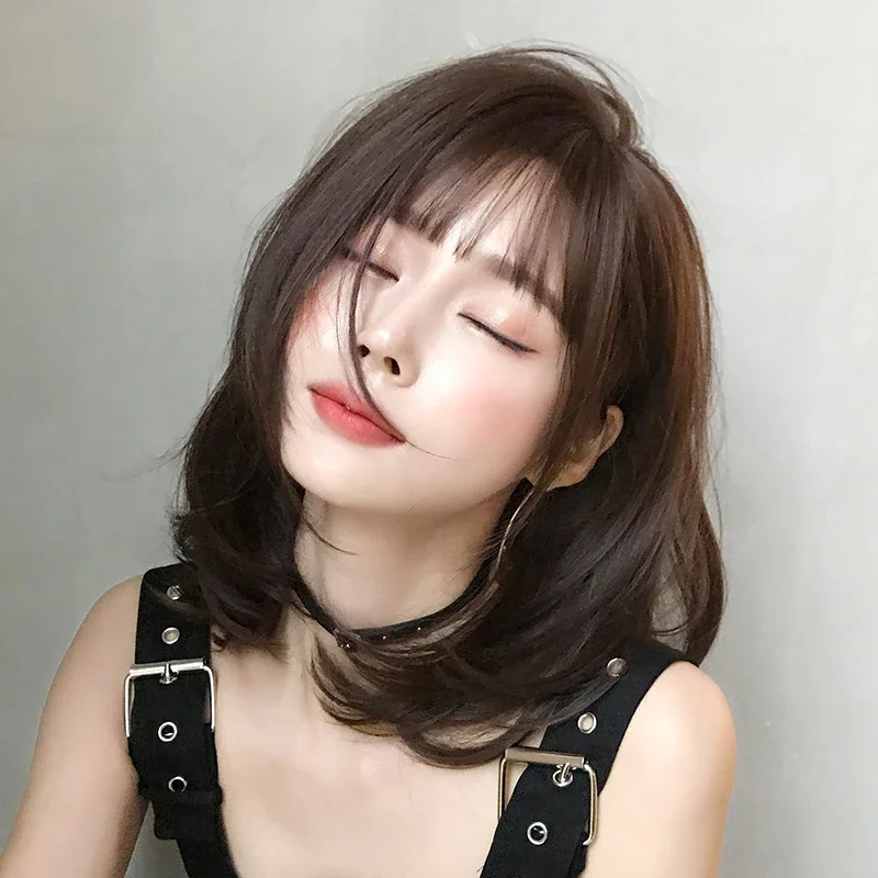 7JHH WIGS Short Straight Chocolate Bob Wig for Women Daily High Density Synthetic Layered Brown Hair Wigs with Neat Bangs