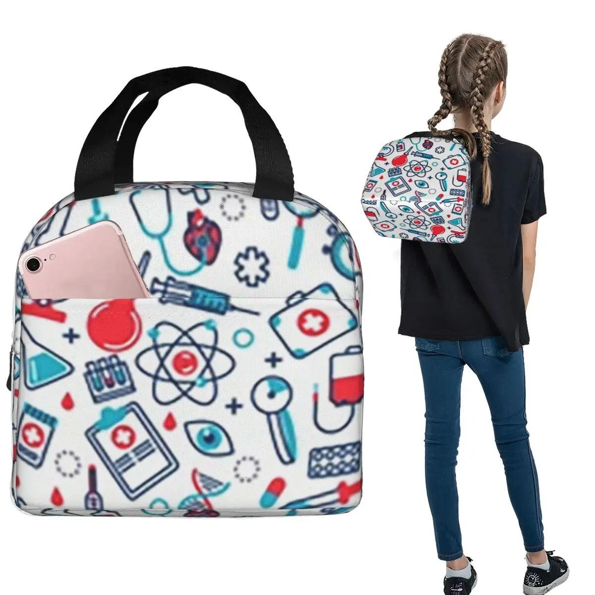

Nurse Medical Theme Insulated Lunch Bag for Women Kids Portable Food Boxes Thermal Lunch Box Tote
