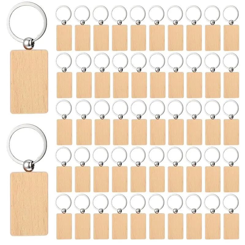 

A34R 50 Pcs Wooden Keychain Blanks Unfinished Rectangle Laser Engraving Key Rings DIY Crafts And Gifts