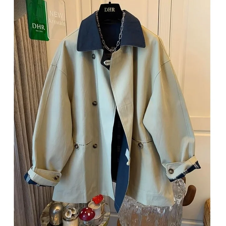 Vintage Oversized Color Block Long Coat Women's Loose Top Fashionable Autumn Wear Comfortable Fit Female Outerwear