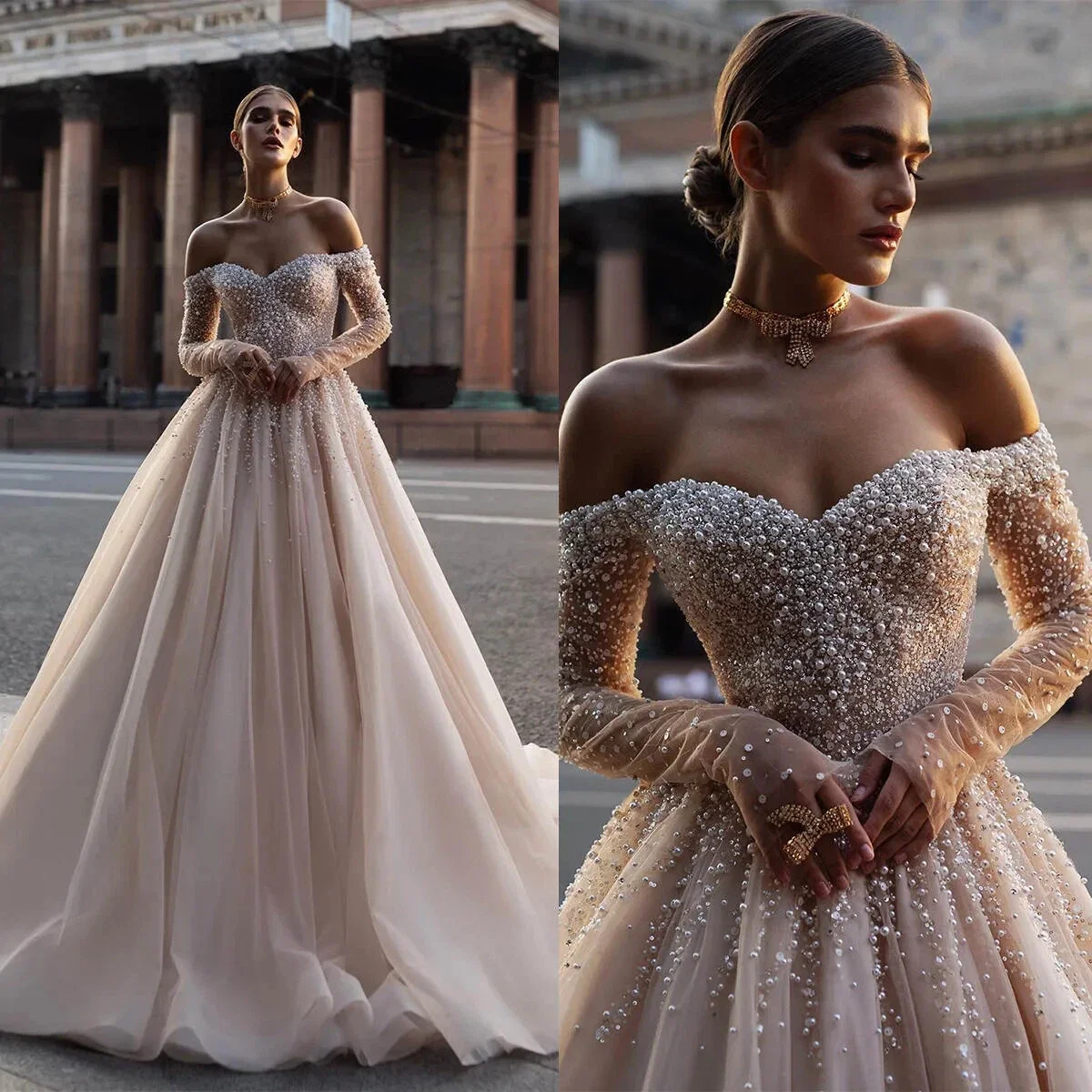 2026 Luxury Champagne Off Shoulder Wedding Dress Elegant Pearl Beaded Bridal Gown with A-line Plus Size Vestido De Novia Custom