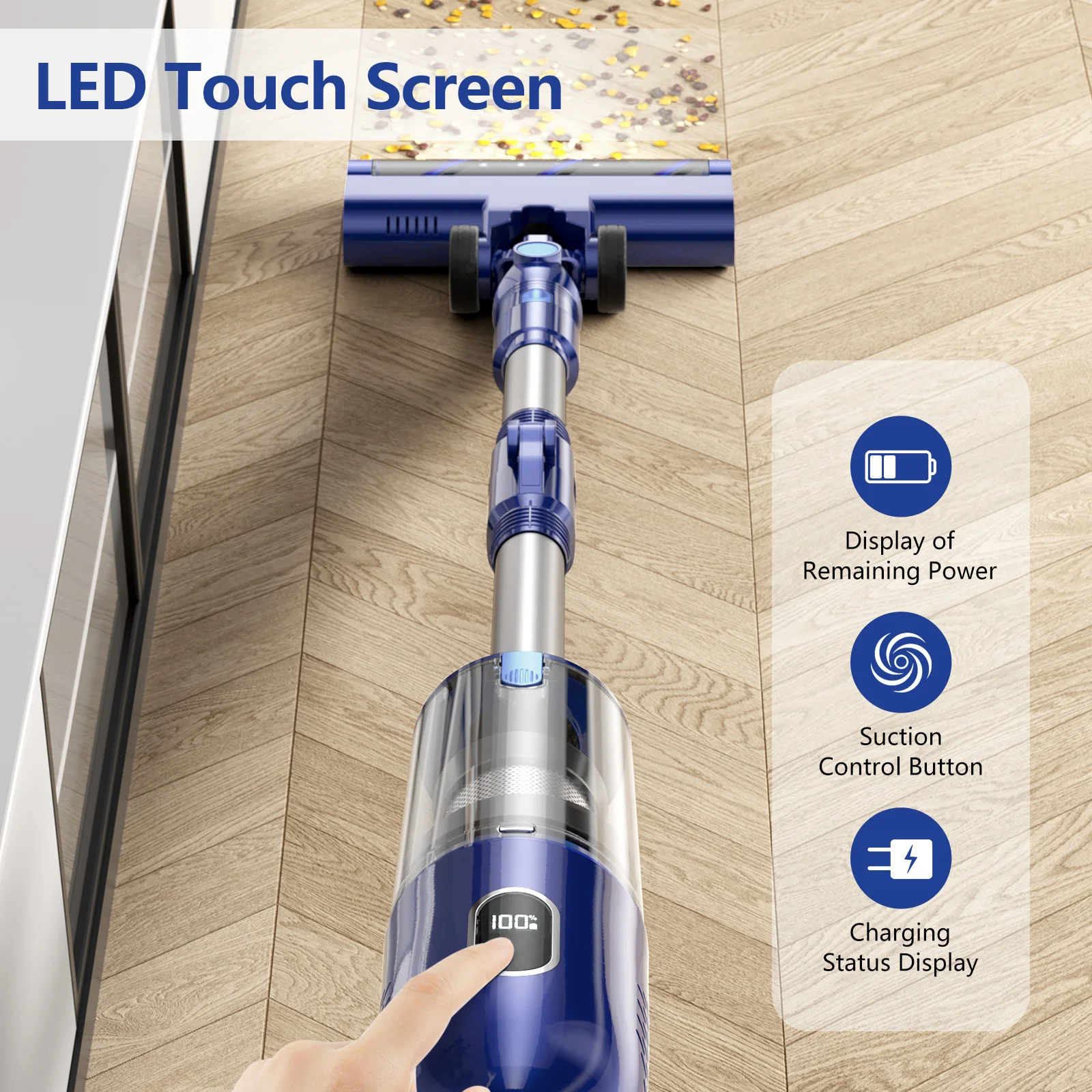 PrettyCare P1 Cordless Vacuum Cleaner 45 Mins 28Kpa Powerful Stick Vacuum with Brushless Motor LED Touch Display