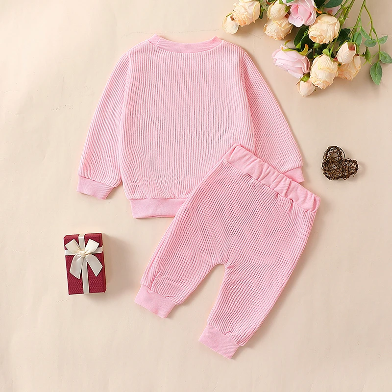 0-24M Baby Girl Valentine’s Day Outfits Infant Long Sleeve Letter Print Sweatshirt Pant Sets Toddler Baby Knitted Clothes Set