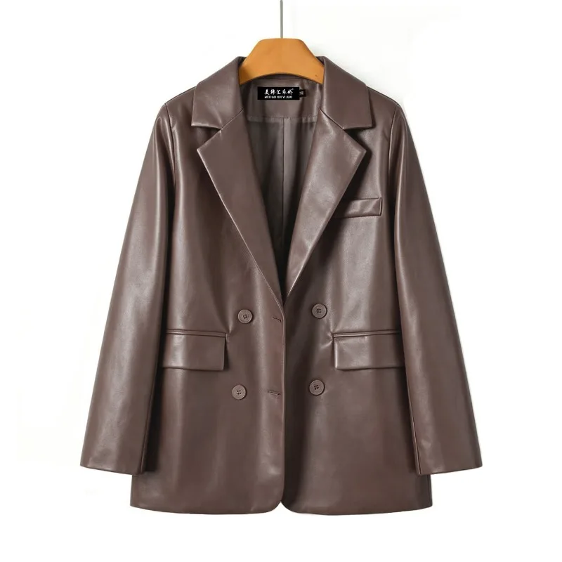 Retro Brown PU Leather Suit Jacket Women New Spring Autumn Style Loose Slimming Versatile Motorcycle Leather Jacket for Women